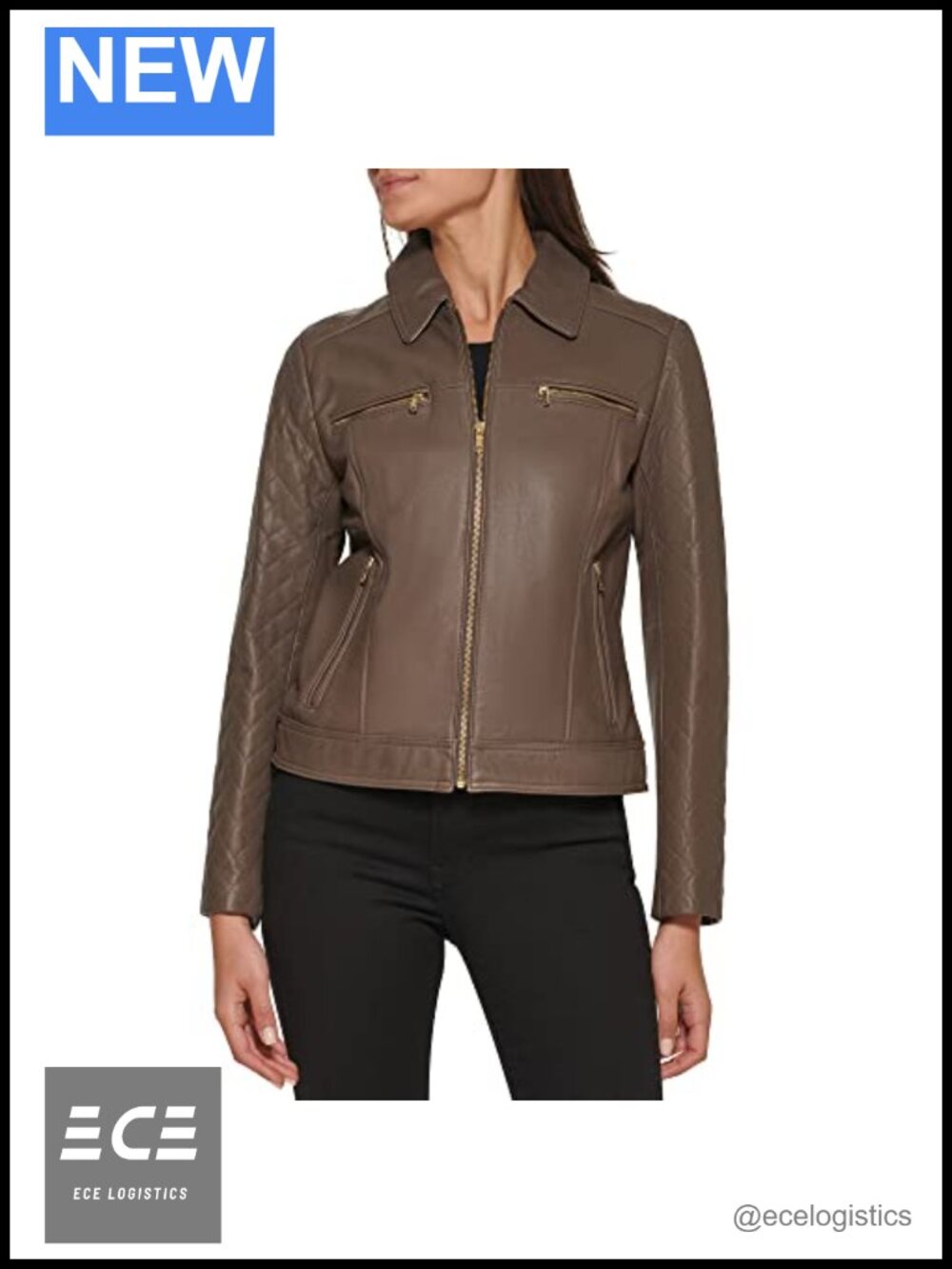 Diamond Quilted Sleeve Leather Coat Shirt Collar